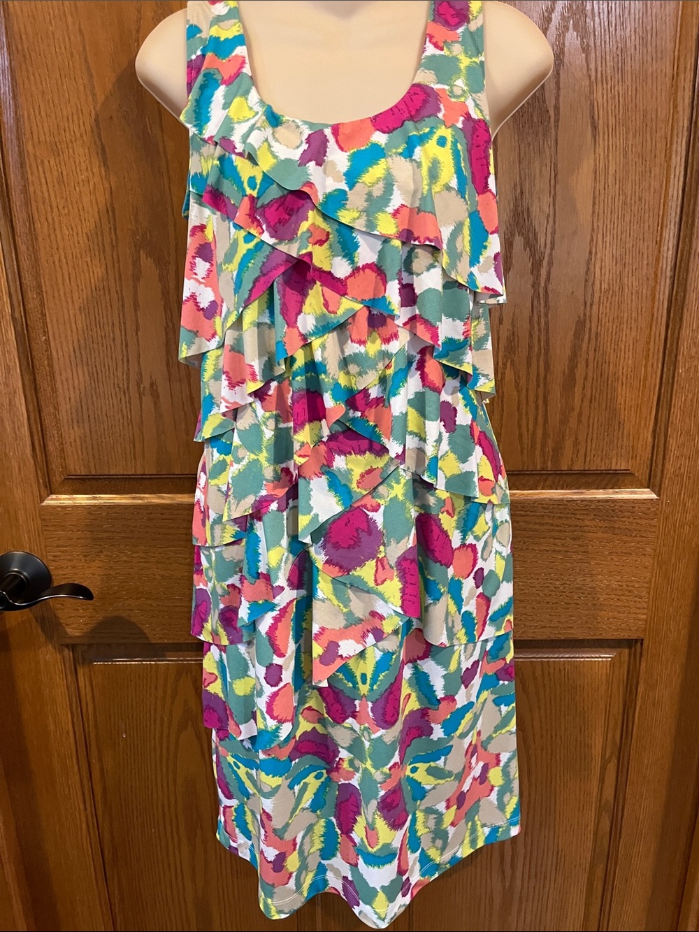 Sleeveless Ruffle Midi Dress in Multicolor Abstract Print
